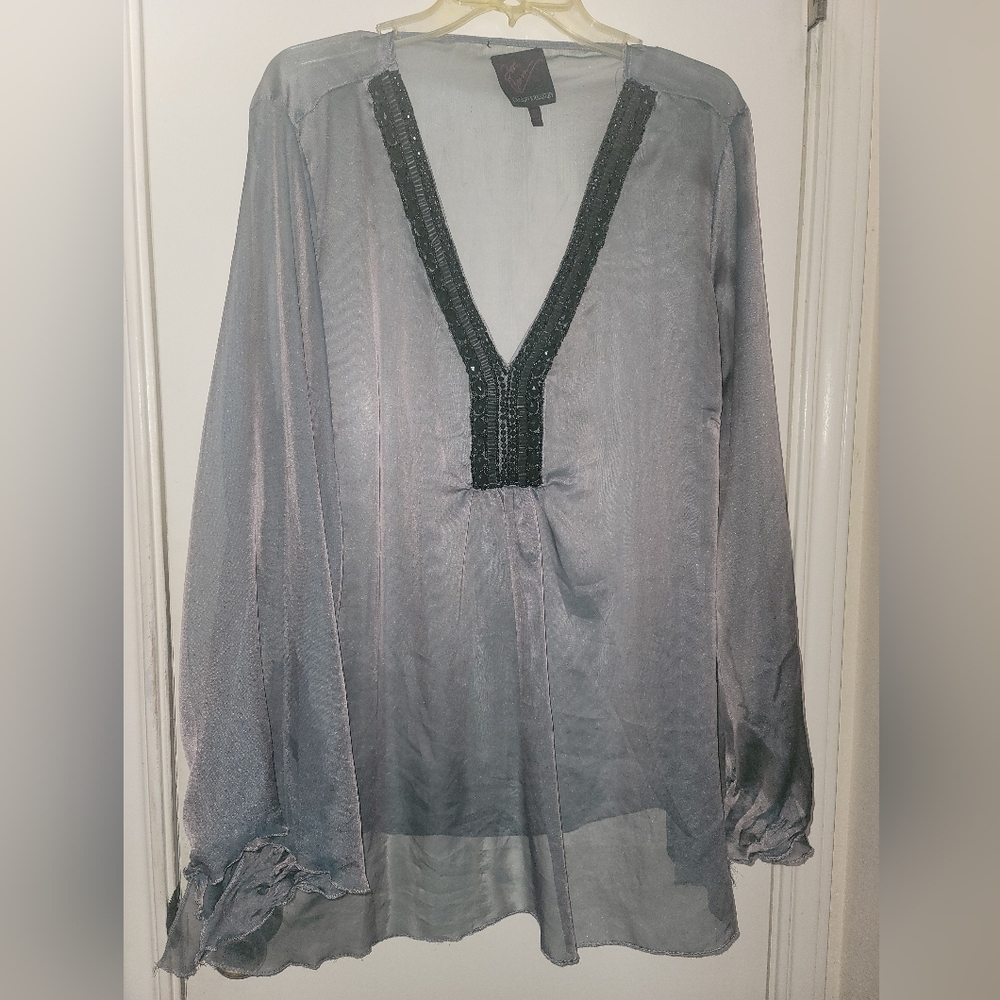 Grey sheer top with black crystal accents